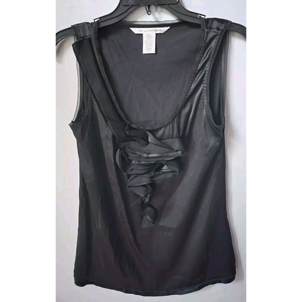 Diane Von Furstenberg Silk Cami Imara Black Sleeveless Tank Rossette Top size 2